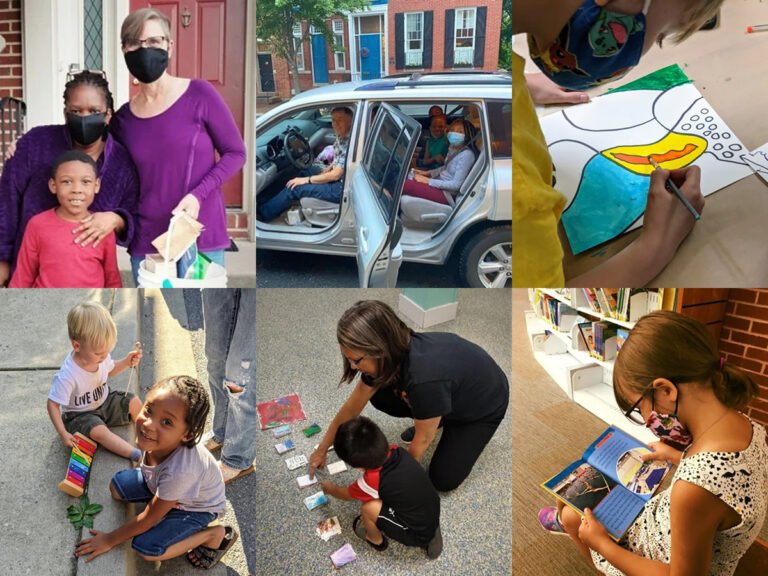 a photo of 6 photos in one of people and kids doing crafts